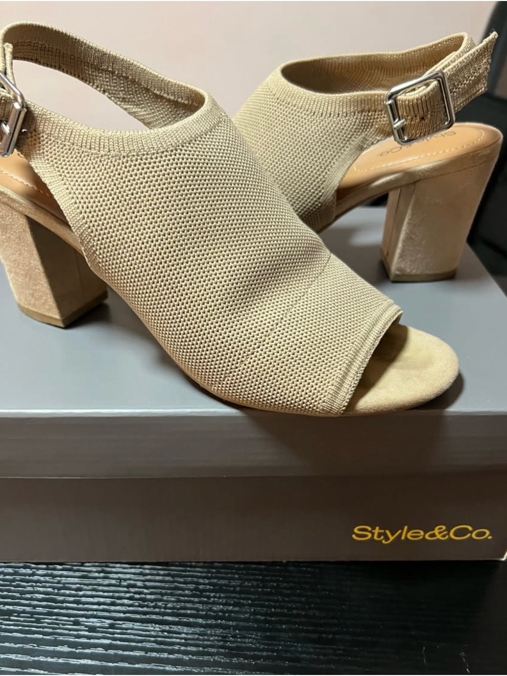 Style & Co. Neutral Knit Open-Toe Block Heel Sandals
